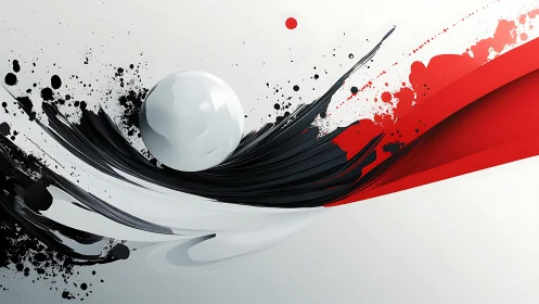 Dynamic Abstract Art with White Sphere and Black-Red Strokes.