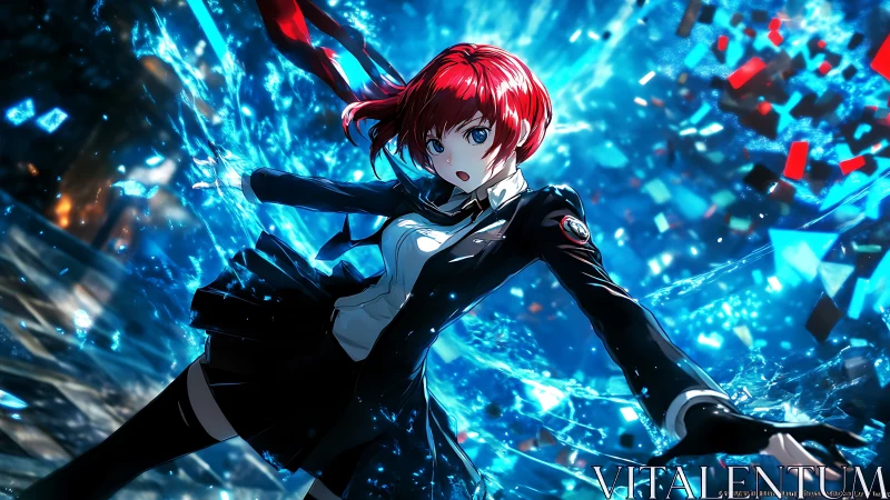 Crimson-haired school warrior shatters a neon blue reality.