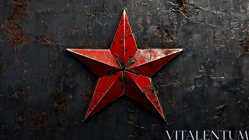 Weathered red metal star emblem on dark corroded plate.