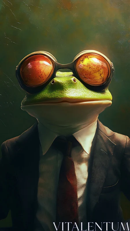 Anthropomorphic frog in suit with reflective goggles stands upright