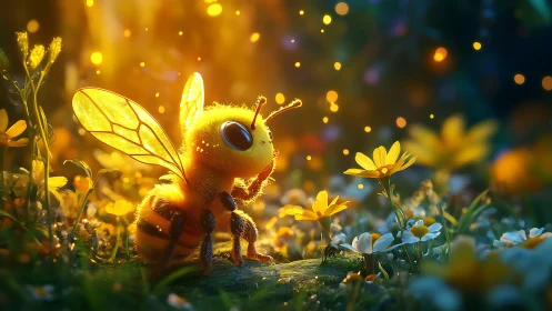 Sunlit fuzzbee daydreaming in a meadow of tiny suns.