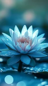 Glowing blue lotus resting softly on a tranquil evening pond.