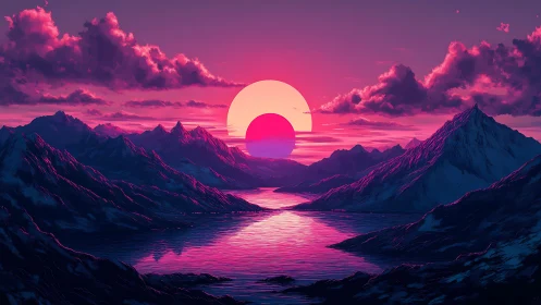 Sun disk sinks behind neon-lit mountains over reflective lake