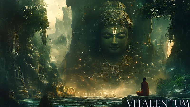 Silent monk negotiates with a luminous jungle colossus