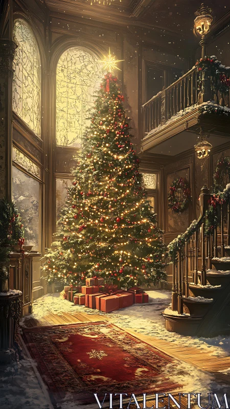 Glowing Christmas tree in grand snowy foyer interior.