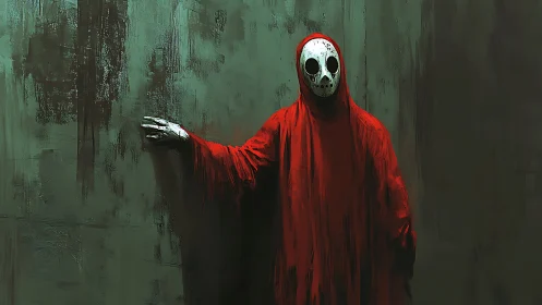 Hooded figure in red robe wearing eerie white skull mask.