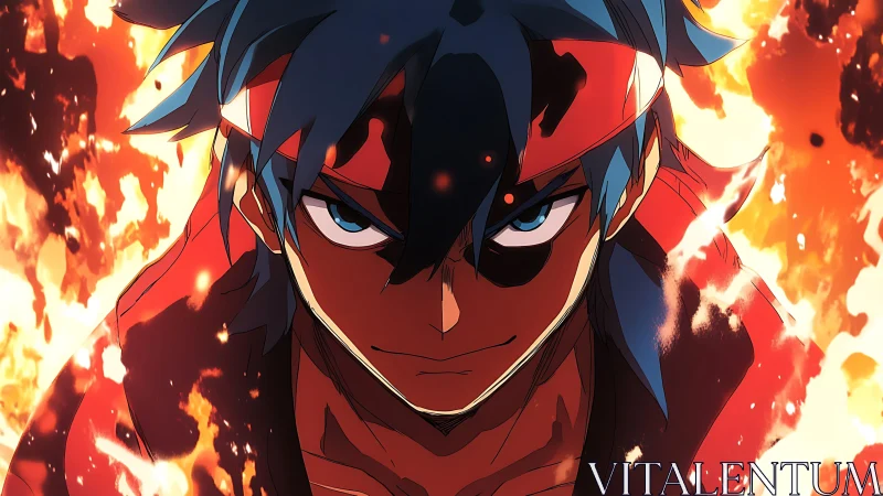 Fiery anime warrior with headband in intense focus.