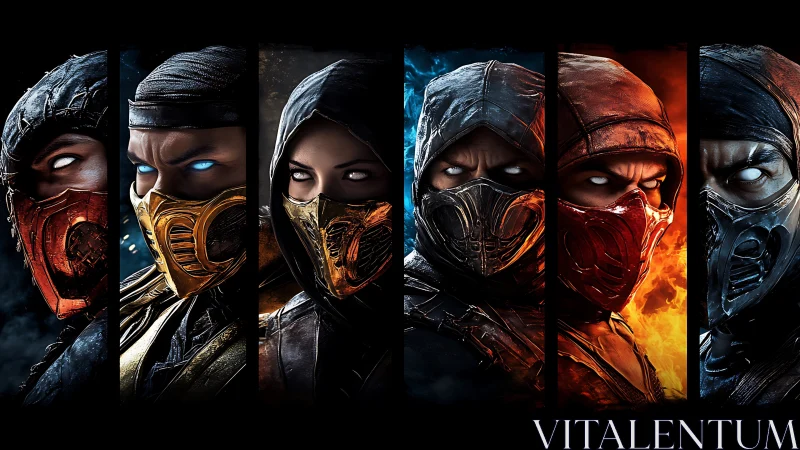 Masked warriors in segmented close-up portrait lineup