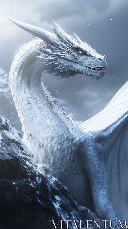 Ancient ice dragon rises from stormy cliffs in luminous frost