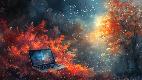 Laptop daydreams in a glowing autumn forest sanctuary.