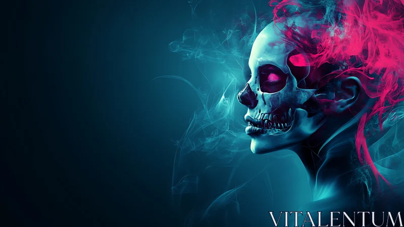 Side profile skull portrait with cyan smoke and magenta haze.