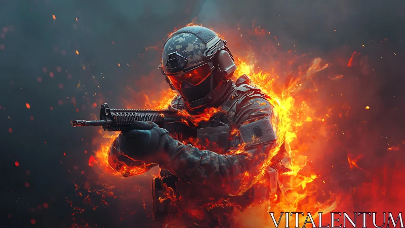 Flame-forged soldier strides through embers of cinematic warfare.