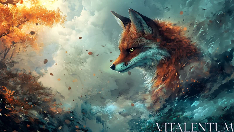 Vivid fox spirit emerging through swirling autumn mist.