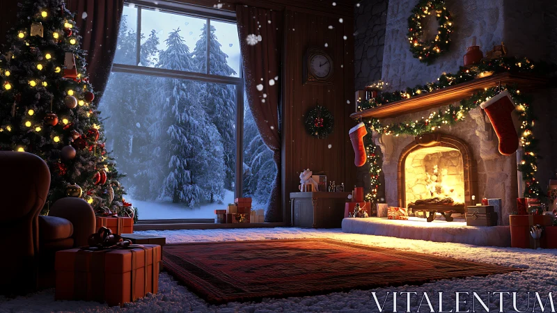 Cozy winter living room with Christmas tree and fireplace.