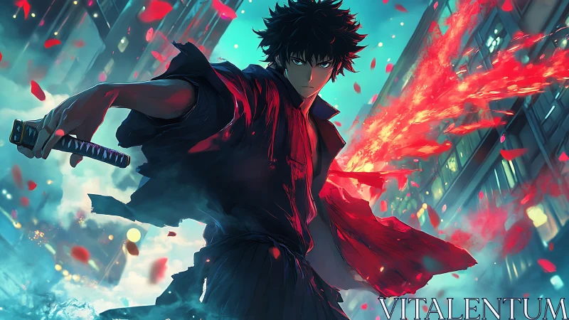 Urban katana warrior with crimson energy trails.