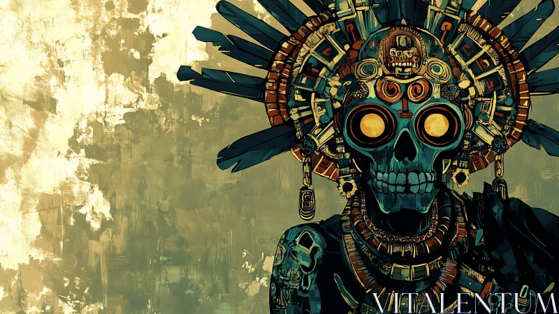 Skull figure wears ornate feathered headdress with glowing eyes