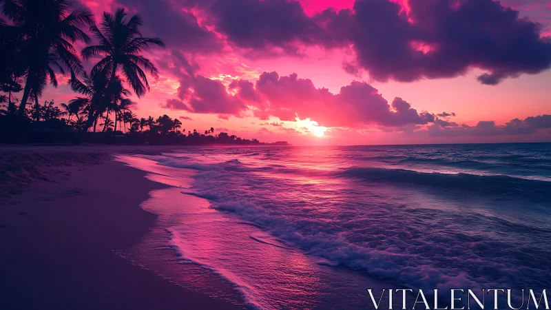 Neon pink sunset paints tropical shoreline in bold light.