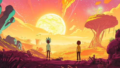 Backlit alien desert panorama frames two observing figures