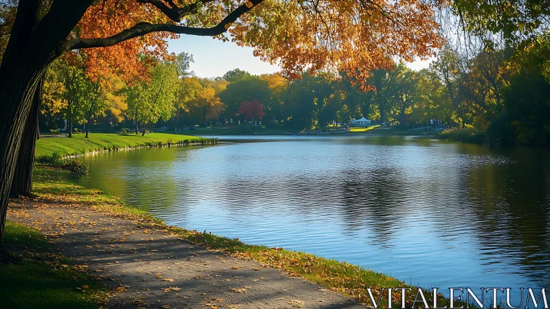 Calm lakeside path under bright autumn foliage in sunlit park.