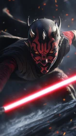Sith warrior with red lightsaber in dynamic combat pose.