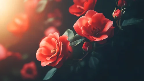 Red Roses Bathed in Golden Sunlight and Shadow.