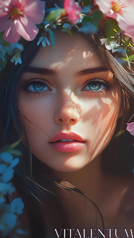 Digital portrait of blue-eyed woman framed by flowers.