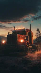 Rust-red semi truck glows under stormy twilight sky.