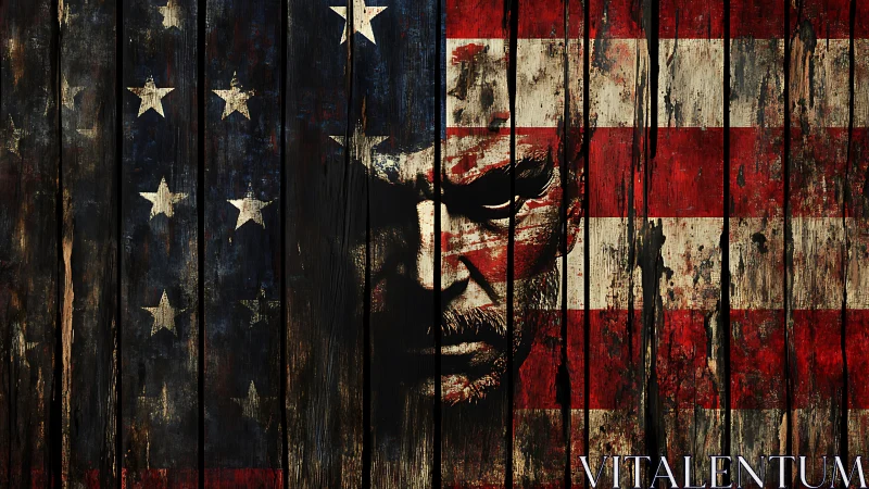 Weathered US flag overlay reveals intense male face through boards