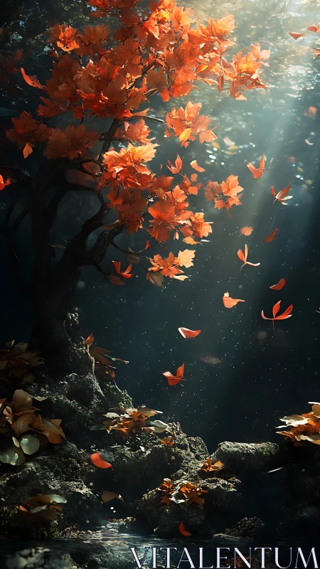 Orange foliage descends through directed light into shaded water