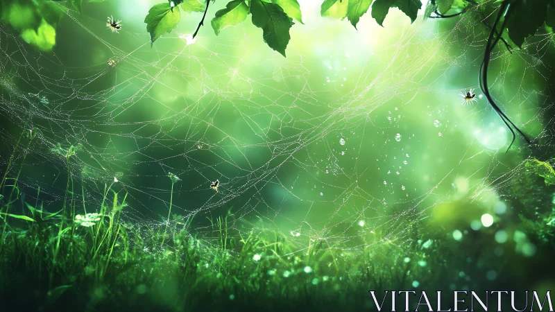 Dewy spider webs in lush green forest, dreamy natural scene.