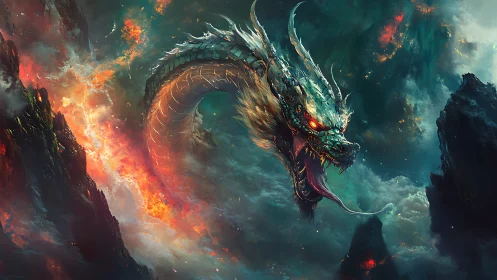 Fiery serpentine dragon roaring over dark stormy peaks.