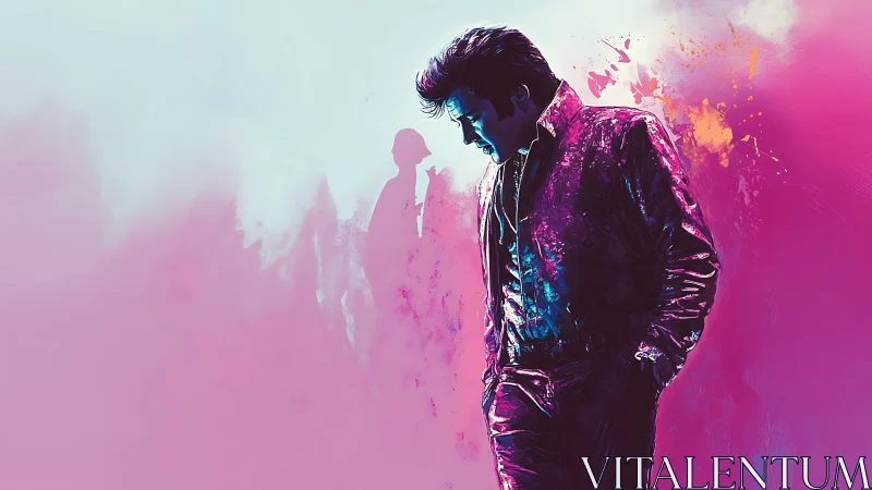 Neon-lit singer in reflective pose against vibrant pink haze