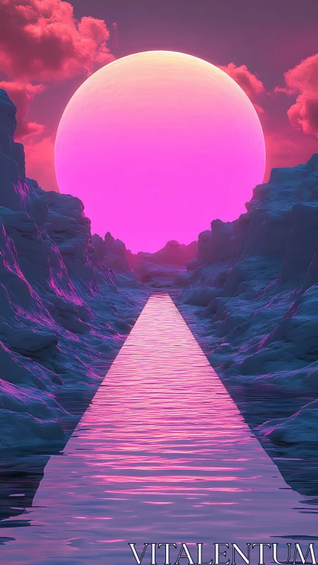 Radiant neon sun pours soft light over a dreamy water path