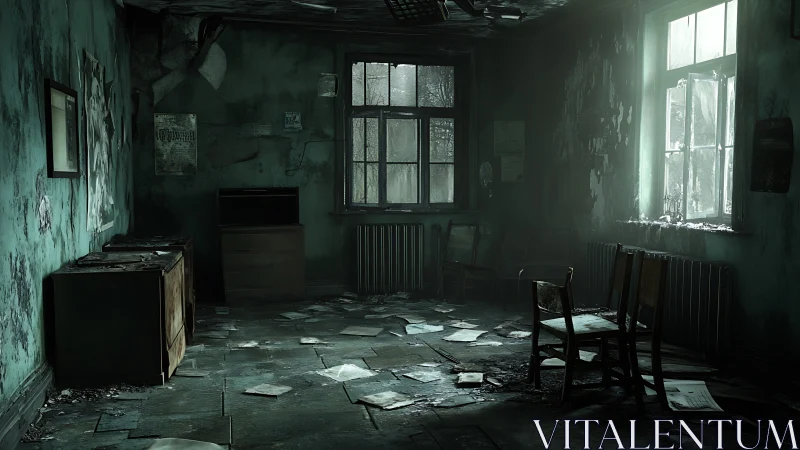 Abandoned classroom interior rendered in moody photoreal detail