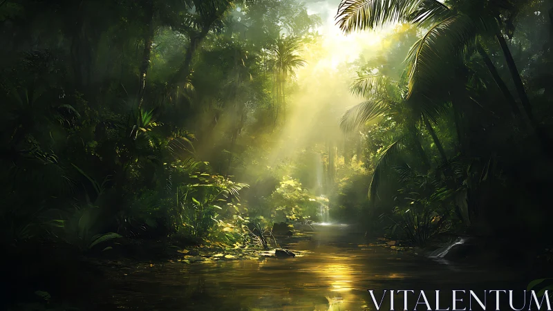 Luminous rainforest stream in atmospheric digital painting.