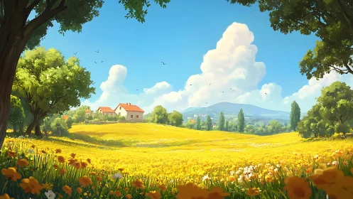 Sunlit rural meadow stretches toward distant blue hills