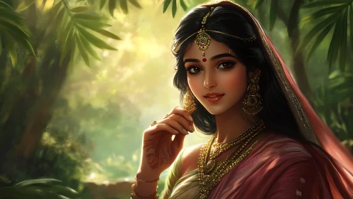 Elegant Indian Woman in Traditional Attire Amid Lush Greenery.