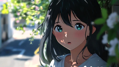 Sunlit city balcony girl caught in a soft, silent pause.