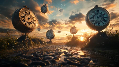 Wandering pocket watches drift down a molten sunset road.