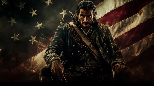 Grim armed soldier before worn American flag backdrop.