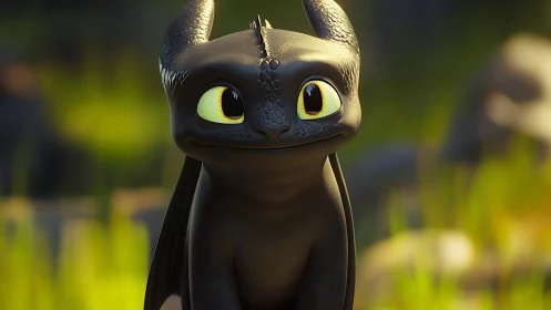 Playful black dragon rendered in soft cinematic daylight.