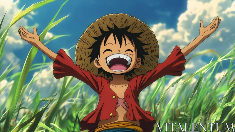Joyful straw hat kid celebrating sunshine in tall grass.