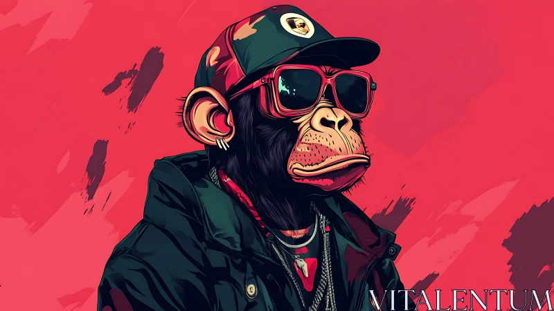 Stylized monkey portrait in streetwear on pink background.