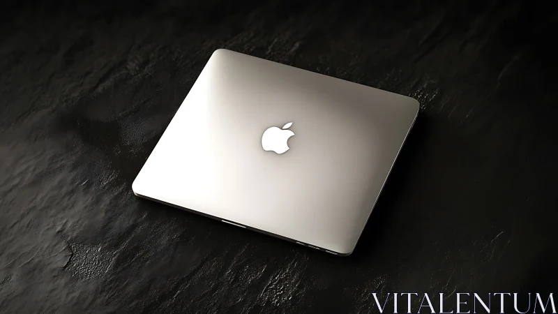 Sleek silver laptop resting on a dark stone surface.