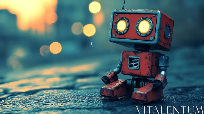 Lonely red robot gazes at glowing city lights at dusk.