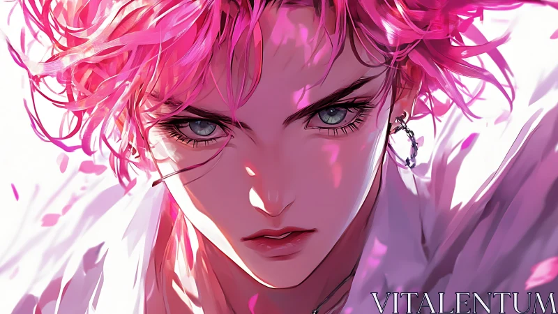 Fierce pink‑haired gaze framed by drifting petal light.