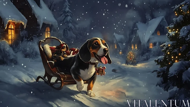 Digital painting of festive dog sleigh in snowy village night.