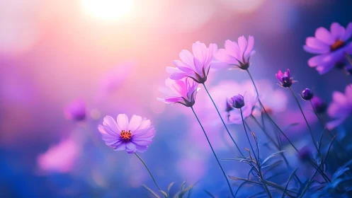 Purple cosmos flowers blooming in soft gradient twilight