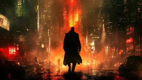 Lone figure strides through burning neon cyberpunk cityscape.