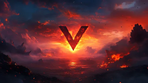 Volcanic horizon crowned by a glowing crimson V.